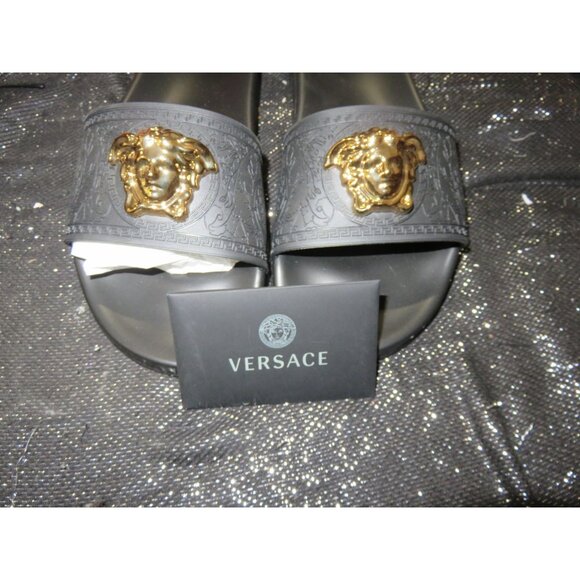 Versace Black with Gold Medusa Palazzo Slides Sandals sz 37 BRAND NEW WITH TAGS - Picture 4 of 15